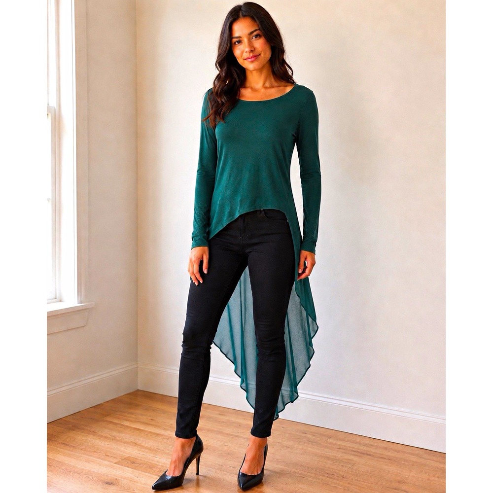 bebe Women's Green Ren Faire FairyCore Sheer Chiffon Asymmetrical Blouse Sz L